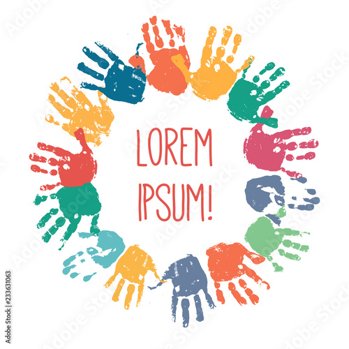 Colorful children handprints in the form of a circle. Kids palm prints around of the title. Solidarity or friendship concept. Preschool logo design. Vector eps 10 illustration isolated on white.