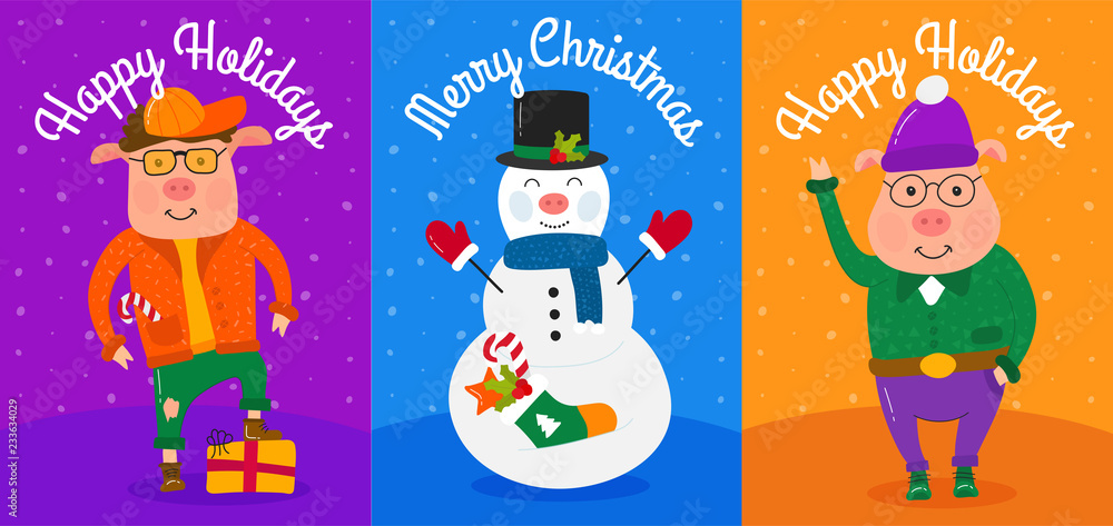 Set of funny cute cartoon pig. Greeting cards Merry Christmas and New Year 2019. Year of the pig. Illustration Concept Set of funny cute cartoon pig. Greeting cards Merry Christmas and New Year 2019. Year of the pig. Illustration Concept