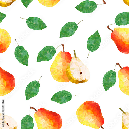 Triangle polygonal pear and leaves seamless pattern. Vector illustration.