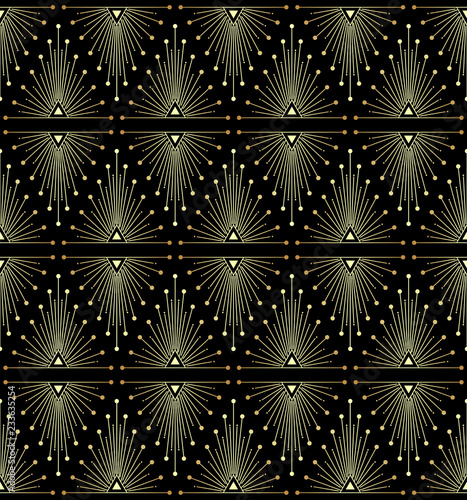 Gradient gold black linear seamless sacred geometry pattern. Golden sacral geometric occult cosmic line art signs for fabric prints, surface textures, cloth design, wrapping. EPS10 vector backdrop. 