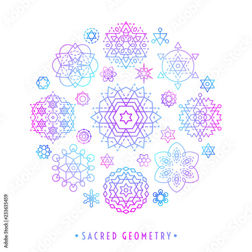 Sacred geometry style symbol set. Round composition. Sacral geometric outline signs vector background. Line art elements. EPS 10 linear design illustration