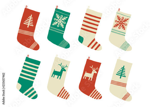 Christmas stockings. Various traditional colorful and ornate holiday stockings or socks collection. Cartoon New Year vector eps 10 illustration isolated on white background in a flat style.