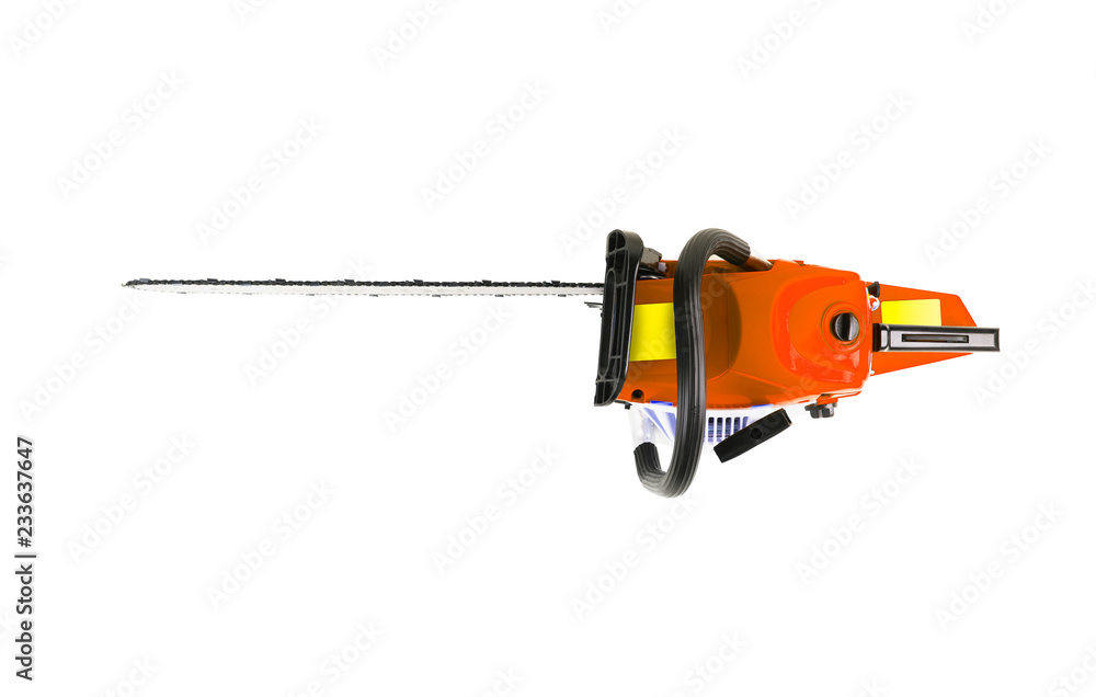 New red chainsaw top view isolated on white background New red chainsaw top view isolated on white background