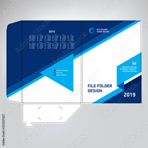 Document folder design, cover design with calendar 2019, photo and text template, geometric blue background