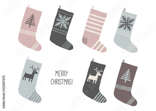 Holiday Merry Christmas card. Christmas stocking. Holiday socks set. Cartoon New Year vector eps 10 illustration isolated on white background in a flat style.