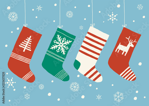 Christmas stockings background. Christmas socks hanging. Cartoon vector hand drawn eps 10 illustration isolated on white background in a flat style.