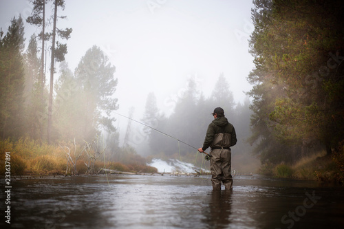 Fotografie Rear view of hiker fishing in lake at forest during foggy weather
