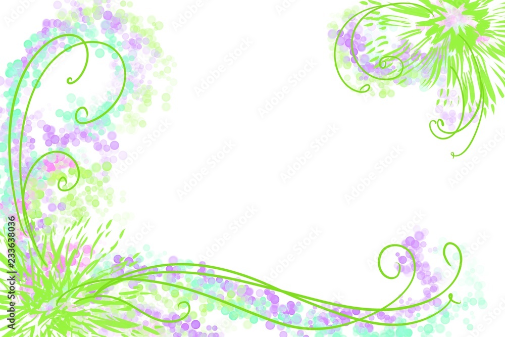 Flourish Scrolls corner frame element designs for fancy invitation, poster, wedding, greeting, announcements, spring and Easter and party colors, purples blues, greens , yellow backgrounds