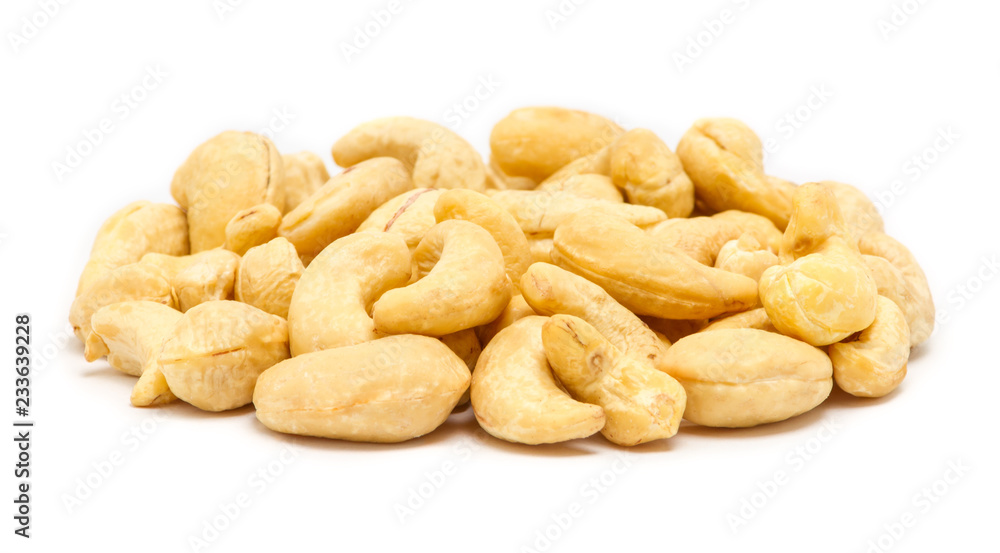 Handful of raw cashew seeds (Anacardium occidentale) without shell, close up, isolated on white background Handful of raw cashew seeds (Anacardium occidentale) without shell, close up, isolated on white background