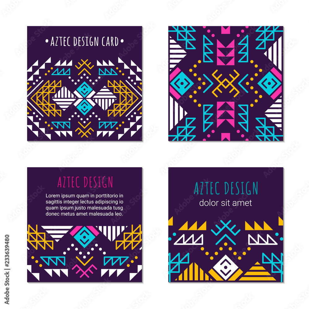 Aztec colorful square ornamental card template. American indian leaflet ...