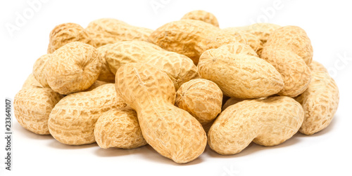 Handful of peanut (Arachis hypogaea) in the shell, close up, isolated on white background