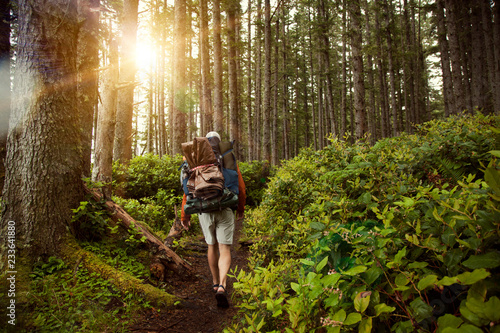 Foto Rear view of hiker walking on pathway amidst trees at forest