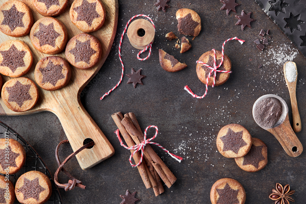 Christmas cookies with chocolate star pattern with cinnamon and anise Christmas cookies with chocolate star pattern with cinnamon and anise