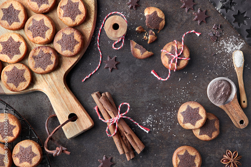 Christmas cookies with chocolate star pattern with cinnamon and anise