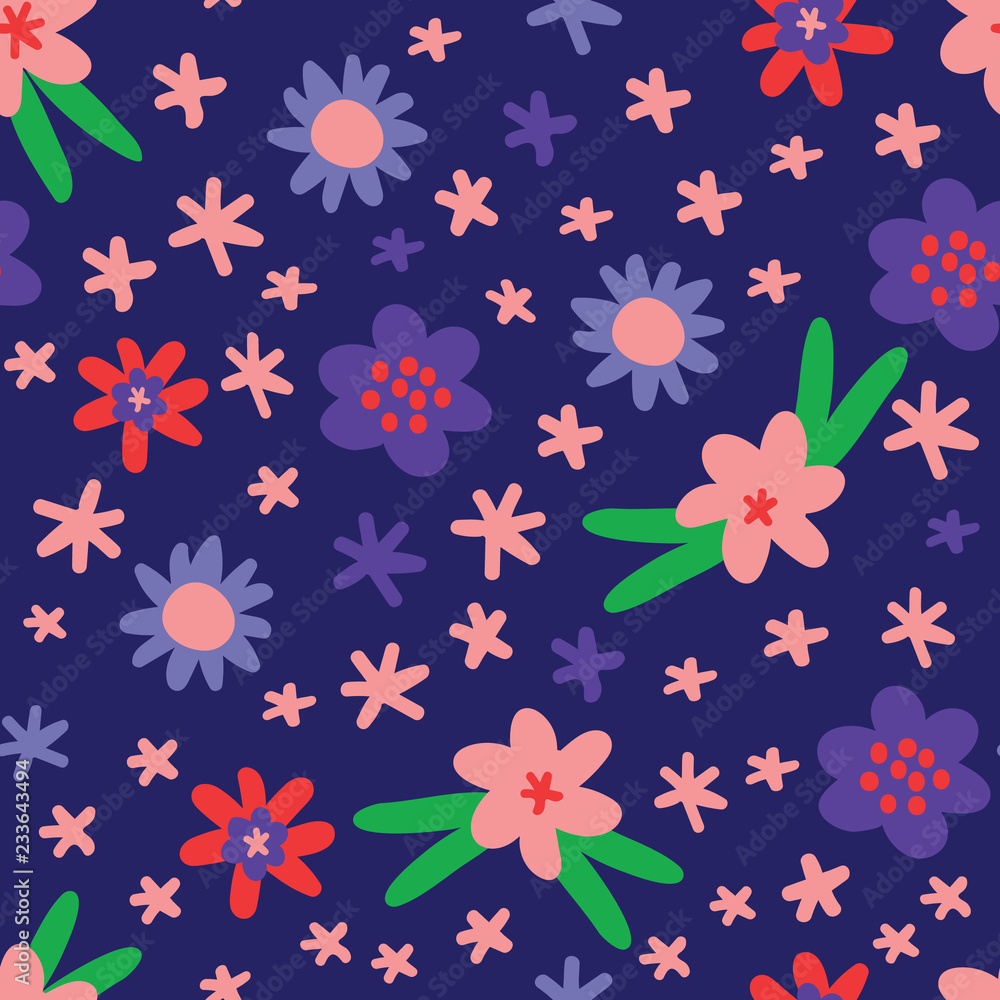 Flat colour flowers vector seamless pattern background