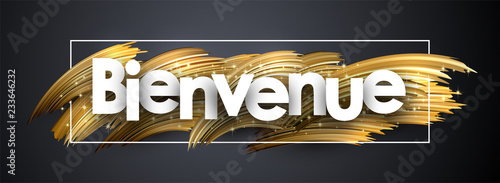 Welcome shiny banner with golden brush strokes on grey background.