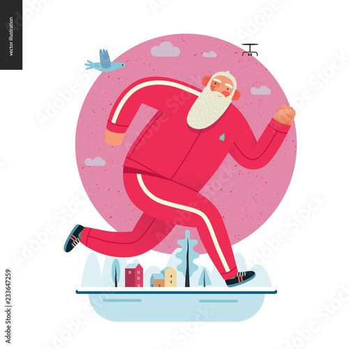 Sporting Santa - winter running - modern flat vector concept illustration of cheerful Santa Claus running outside, wearing red tracksuit, winter landscape, drone and bird, xmas outdoor activity