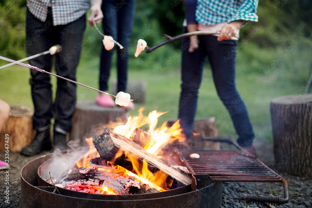 Fototapeta premium Low section of family roasting marshmallows while standing in forest