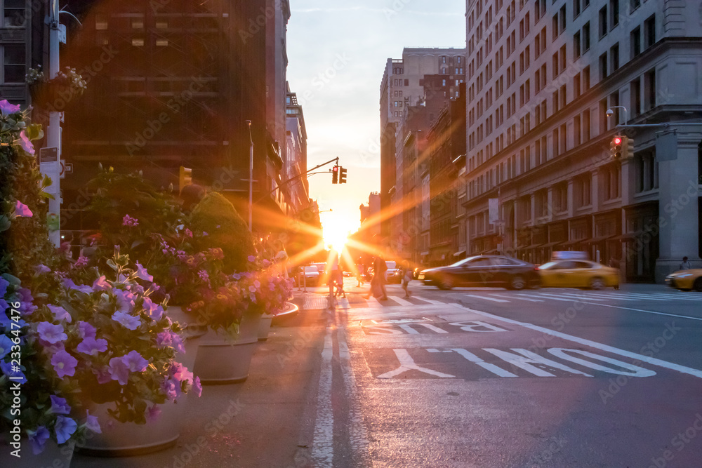 Colorful New York City street scene with flowers and sunset
