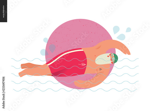 Sporting Santa - pool swimming - modern flat vector concept illustration of cheerful Santa Claus swimming the breaststroke in the pool, wearing swimming trunks and green cap, xmas gym fitness activity