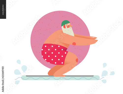 Sporting Santa - pool float fit - modern flat vector concept illustration of cheerful Santa Claus balancing on float fit board in the pool, wearing red trunks and green cap, xmas gym fitness activity photo