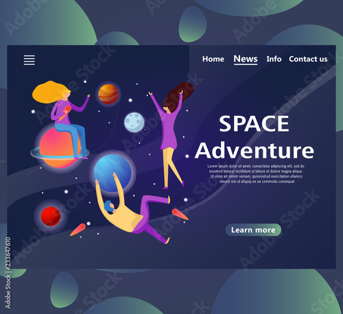 Website page templates with design space adventure. Landing page shows a galaxy with people. vector illustration