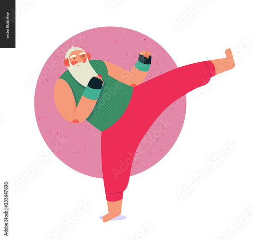Sporting Santa - kickboxing aerobic - modern flat vector concept illustration of cheerful Santa Claus doing kick-box exercises in gym, wearing red sweatpants and boxing gloves, xmas fitness activity