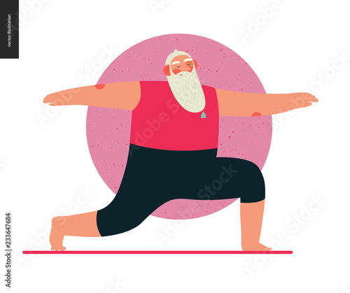 Sporting Santa - yoga - modern flat vector concept illustration of cheerful Santa Claus standing in warrior yoga pose in the gym, wearing red yoga suit, xmas fitness activity