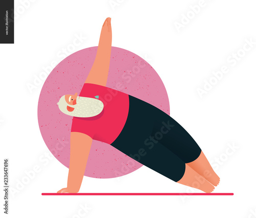 Sporting Santa - yoga - modern flat vector concept illustration of cheerful Santa Claus standing in side plank yoga pose in the gym, wearing red yoga suit, xmas fitness activity