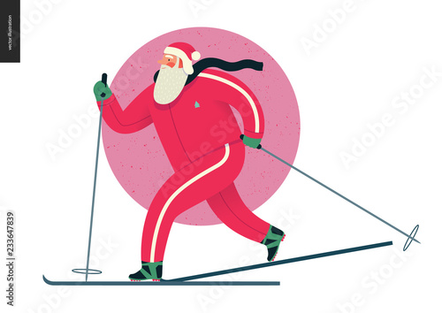 Sporting Santa - winter ski running - modern flat vector concept illustration of cheerful Santa Claus been skiing outside, wearing red tracksuit, winter landscape, xmas outdoor activity