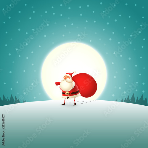 Tired Santa Claus walking with gifts bag - moonlight landscape