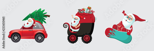 Christmas cartoon Santa Claus in different modes of transportation. Eps10 vector illustration.