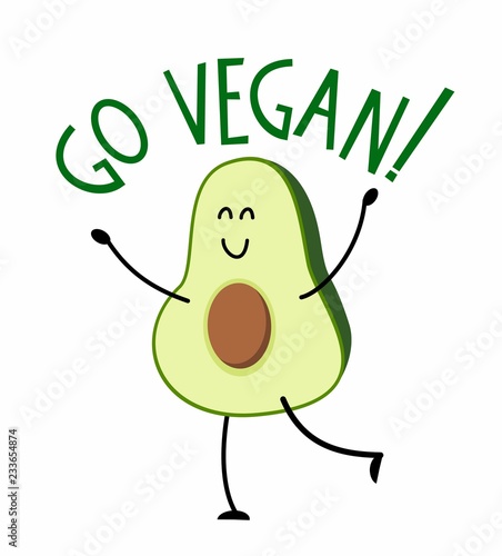 Cute avocado with lettering Go Vegan. Vector illustration in cartoon style