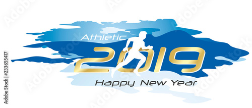 Athletic 2019 Happy New Year gold logo icon watercolor blue white background photo