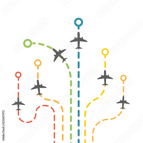 Vector dotted route of flight set with air planes. Collection of colorful plane traces. Airplanes trail set infographic elements