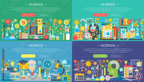 Science, education, online learning, smart ideas and research horisontal flat concept design horizontal banners set.
