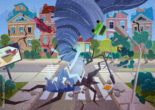 Swirling Tornado in village. Hurricane destroying houses and street. Natural disaster concept cartoon vector Illustration.