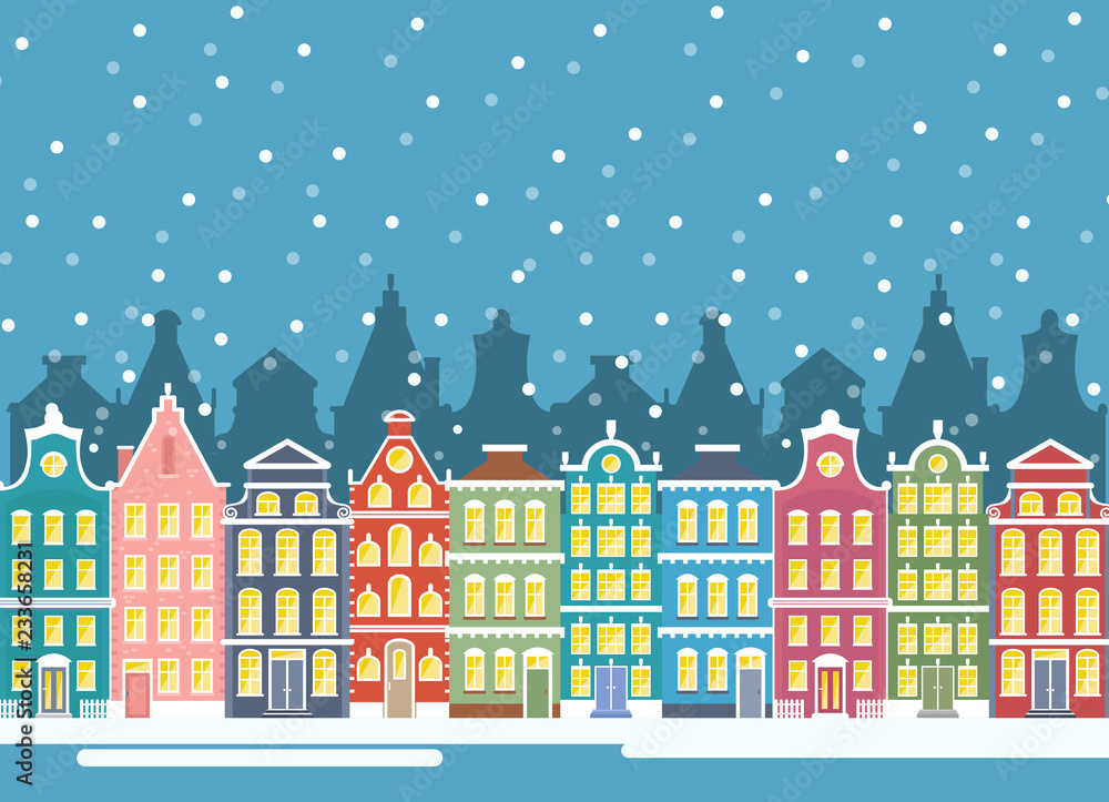 Vector illustration of winter city houses in christmas time. Winter urban landscape. Amsterdam houses, baner flat cartoon design.