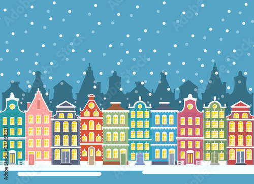 Vector illustration of winter city houses in christmas time. Winter urban landscape. Amsterdam houses, baner flat cartoon design.