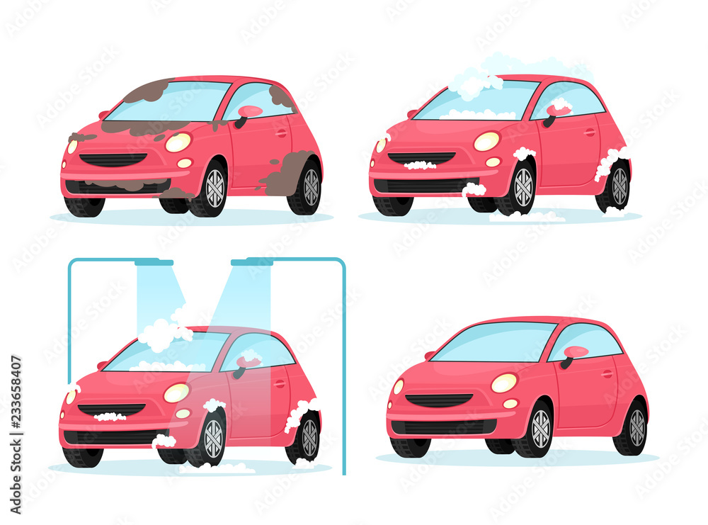 Vector illustration of washing dirty car process. Concept for car washing service on white background in flat cartoon style.