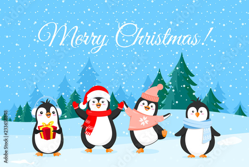 Vector illustration of cute penguins in Christmas clothes. Winter holidays banner, Merry Christmas greetings. Happy and funny penguins on winter forest background.