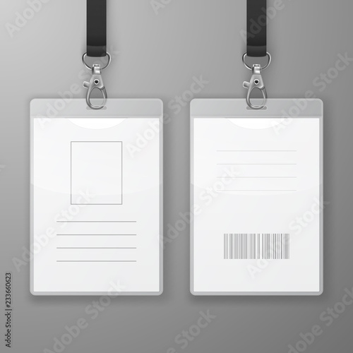 Two Vector Realistic Blank Office Graphic Id Cards with Clasp and Lanyard Closeup Isolated. Front and Back Side. Design Template of Identification Card for Mockup. Identity Card Mock-up in Top View