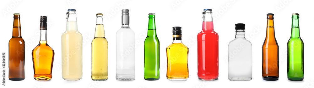 Set of bottles with different drinks on white background Set of bottles with different drinks on white background