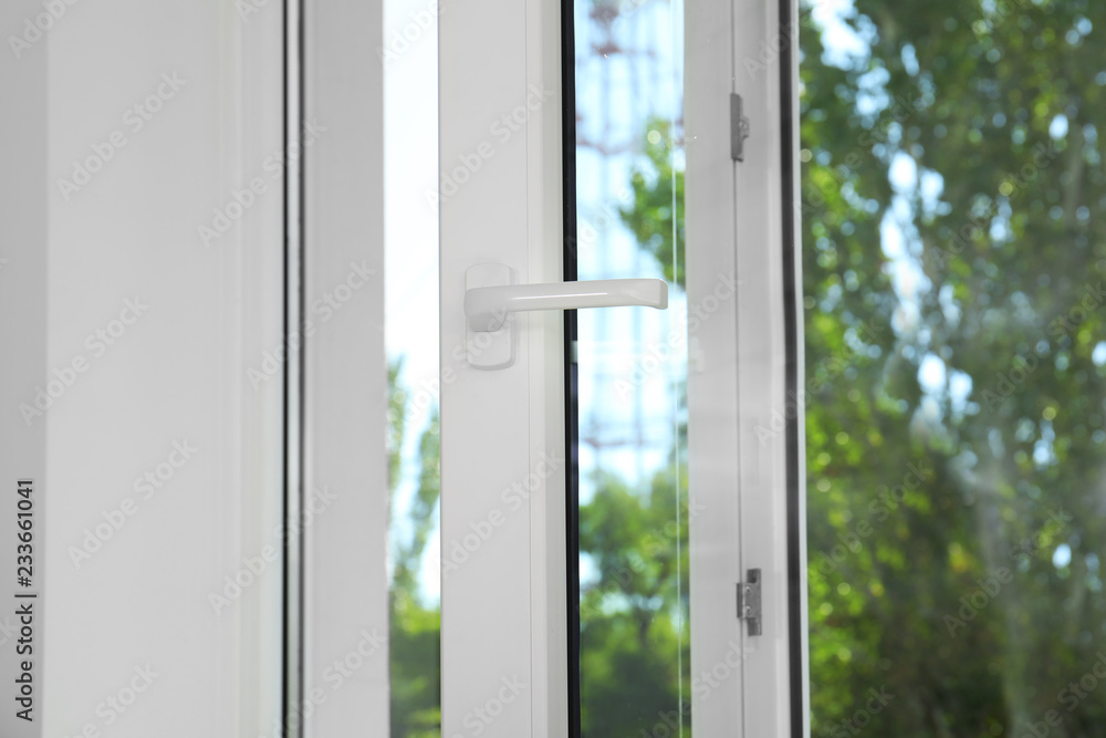 View through new open modern window indoors View through new open modern window indoors