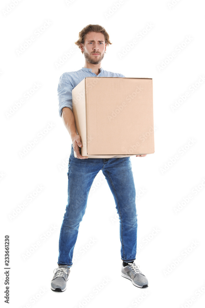 Full length portrait of young man carrying heavy cardboard box on white background. Posture concept Full length portrait of young man carrying heavy cardboard box on white background. Posture concept