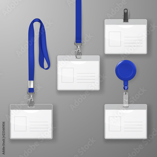 Vector Realistic Blank Office Graphic Id Card Set with Blue Clasp, Holder Cllip and Lanyard Set Closeup Isolated. Design Template of Identification Card for Mockup. Identity Card Mock-up in Top view photo