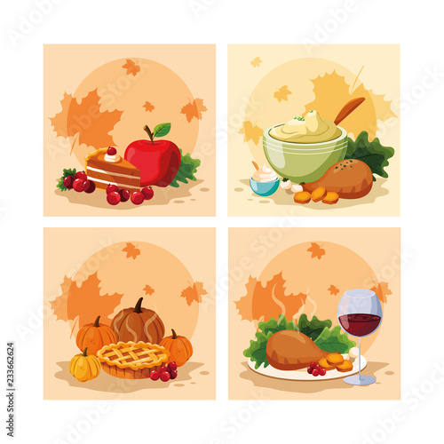 Fototapeta Naklejka Na Ścianę i Meble -  turkey dinner of thanksgiving day with set icons