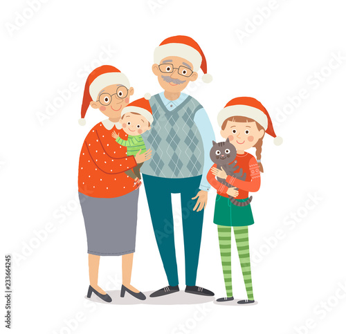 Grandparents with grandchildren at Christmas. Happy family in red Santa hats. Cartoon vector hand drawn eps 10 children illustration isolated on white background.