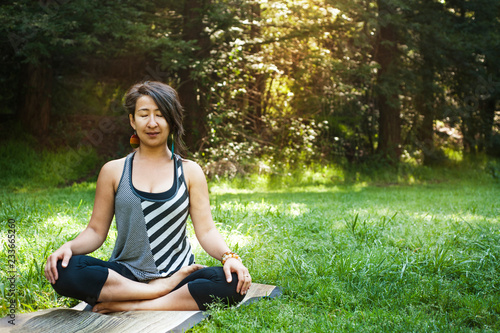 Cuadro en lienzo Woman mediating on grassy field