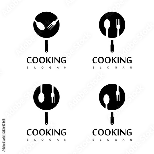 Cooking Logo with Spoon,fork and teflon Symbol